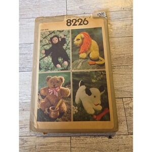 Simplicity 8226 Stuffed Plush Bear Lion Monkey Dog Sewing Pattern Vintage